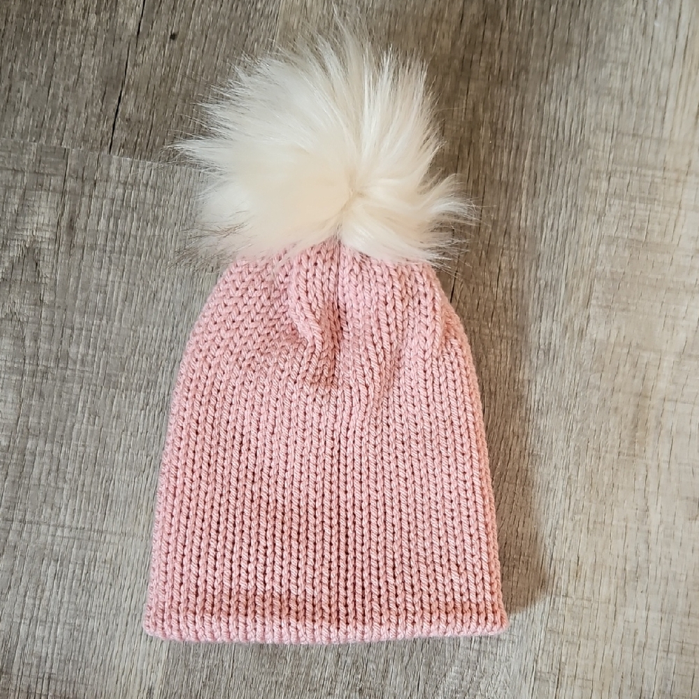 Pink Knit Beanie with White Pom Pom
